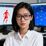 一位年轻中国女性体育数据分析师正面照，背景为多屏幕工作台，屏幕上显示着球员热力图和传球网络分析图表